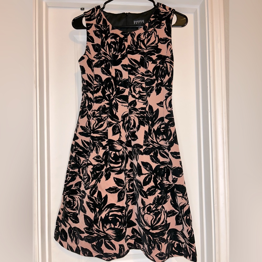 Pink Satin-like and Black Velvet Material Floral Pattern Dress